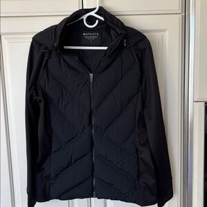 Athleta INLET Hooded Puffer Jacket L, smoke / pet free home! Like new
